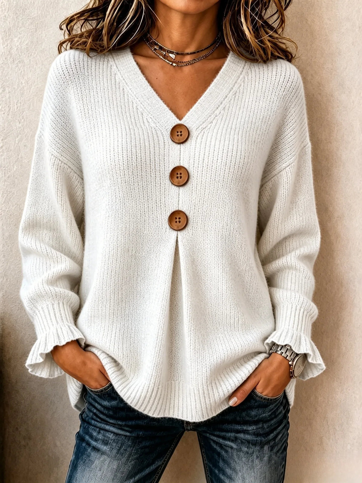 Lenny | Women's V Neck Knitted Jumper  - Size:XS;Color:White