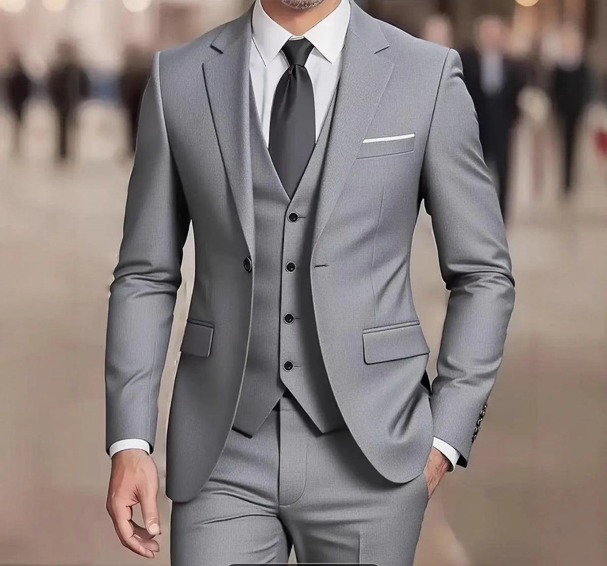 Liam | Men's Slim-Fit Three-Piece Single-Breasted Formal Suit  - Color:Grey;Size:S
