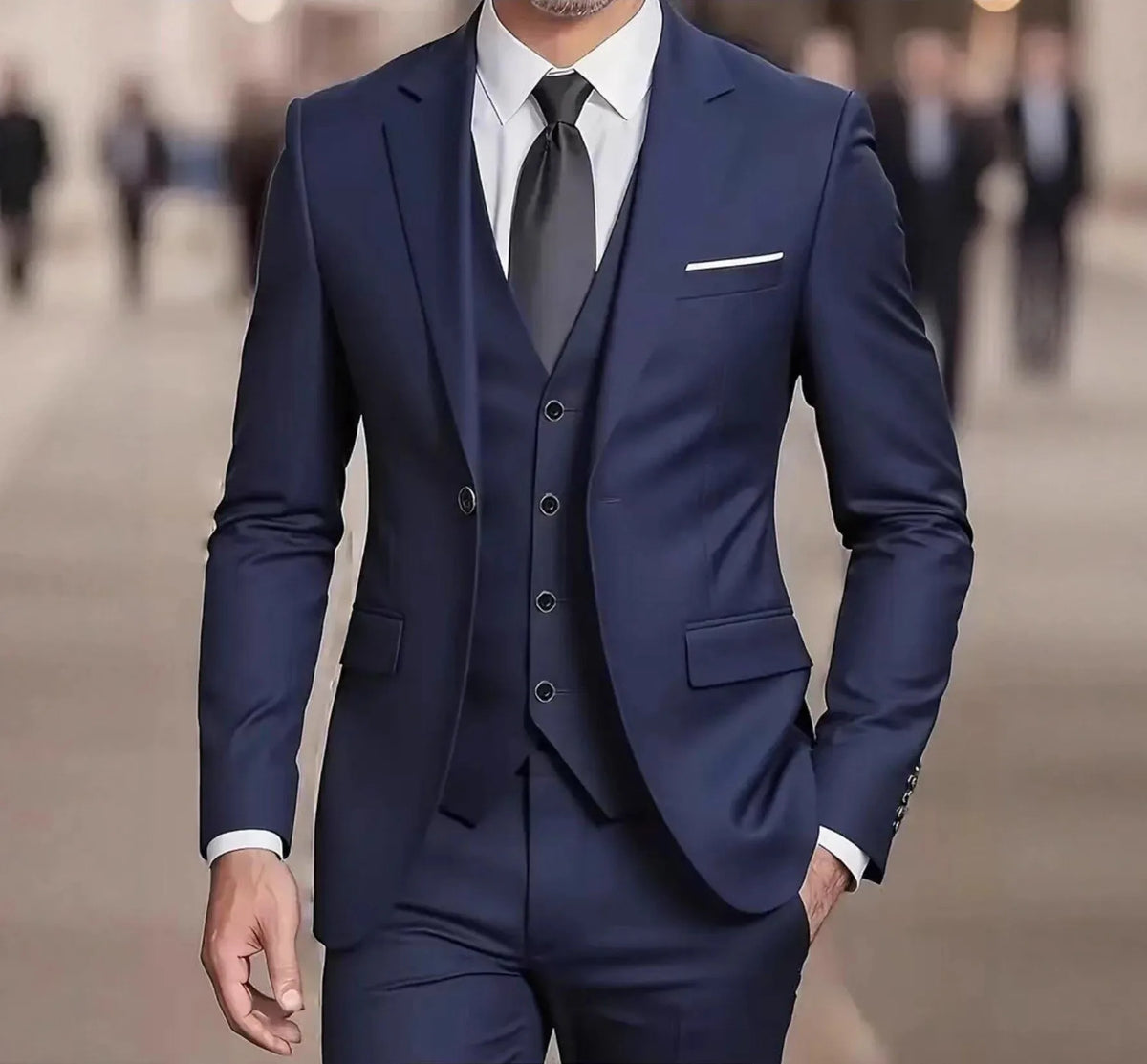 Liam | Men's Slim-Fit Three-Piece Single-Breasted Formal Suit  - Color:Navy Blue;Size:S