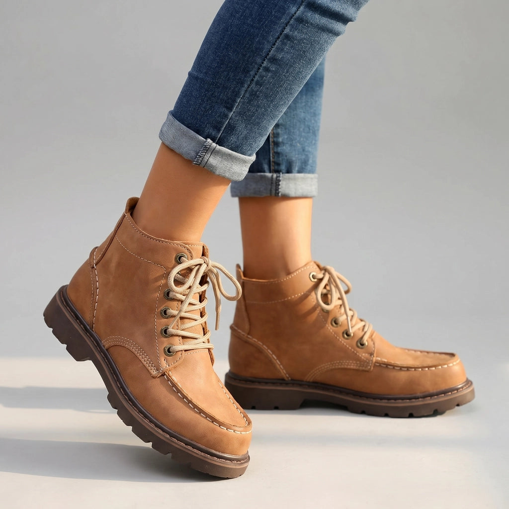 Jane Leather Lace-Up Boots - Color:Light Brown;Size:35