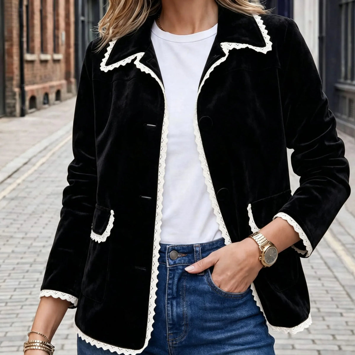 Lillie | Women's Lace-Trim Suede Jacket  - Color:Black;Size:XS