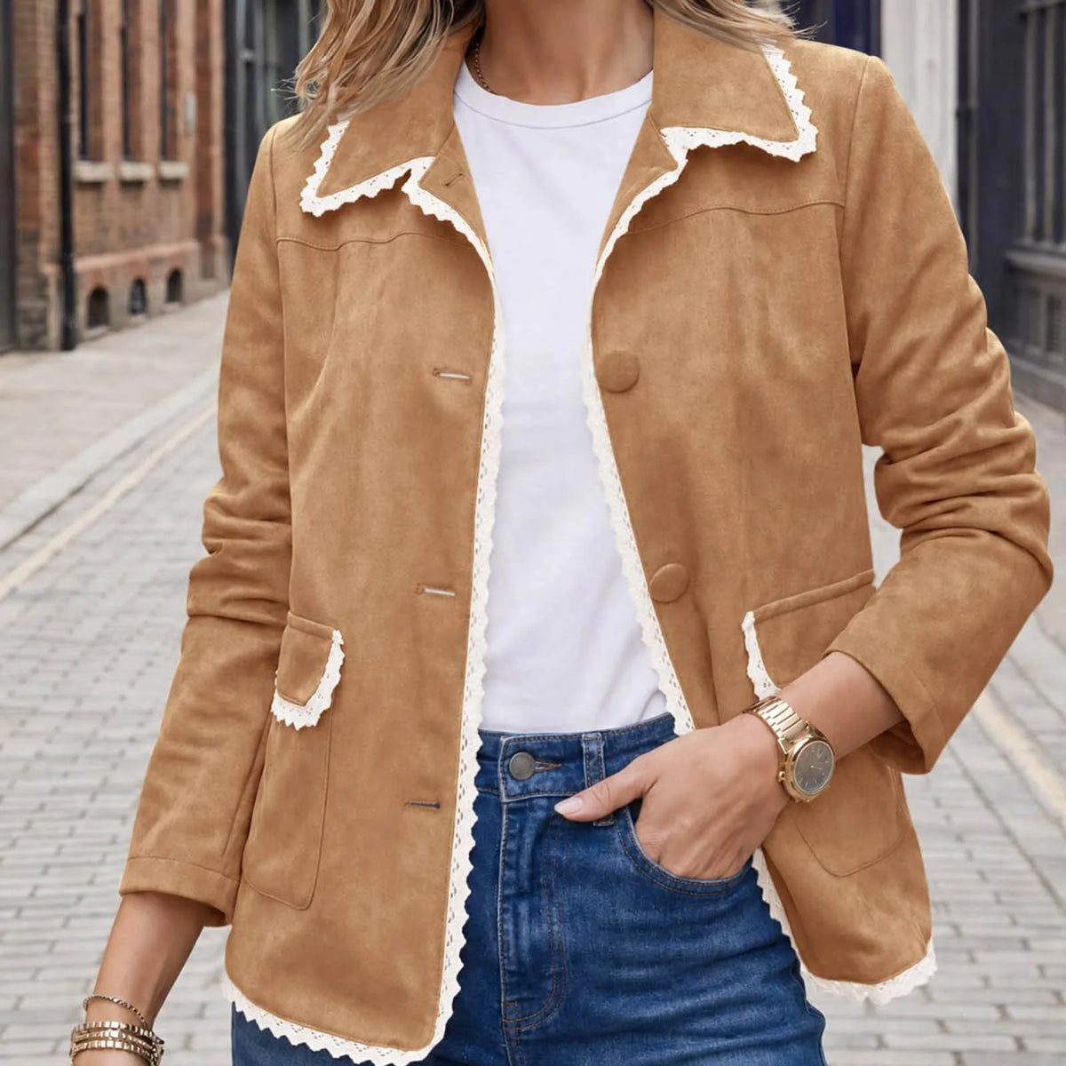 Lillie | Women's Lace-Trim Suede Jacket  - Color:Camel;Size:XS