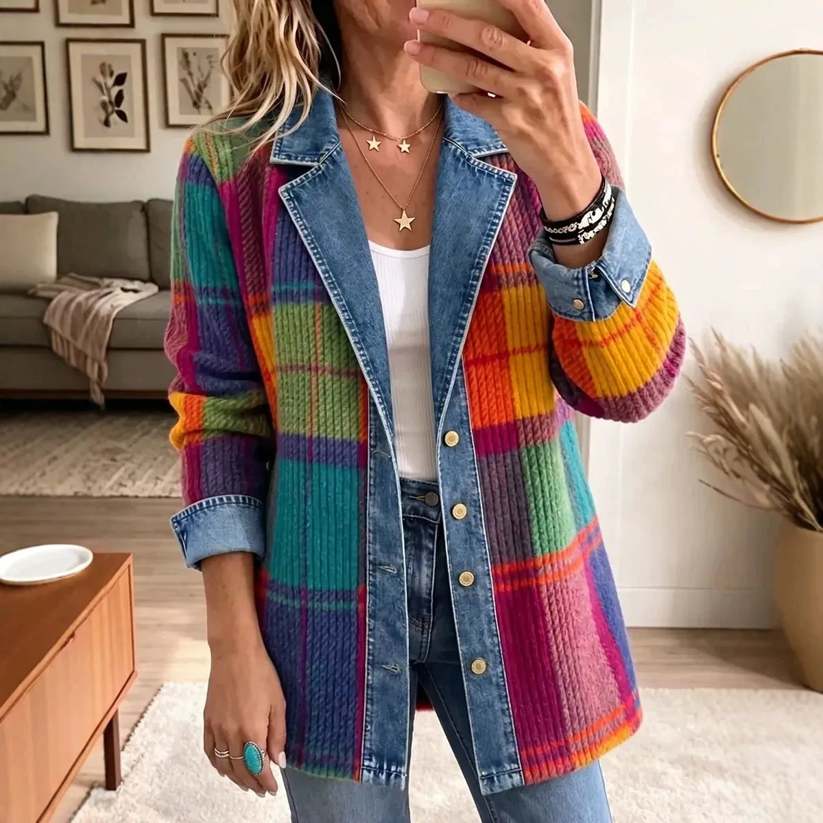 Lillie | Women's Plaid Denim Jacket - Color:Multicolour;Size:XS