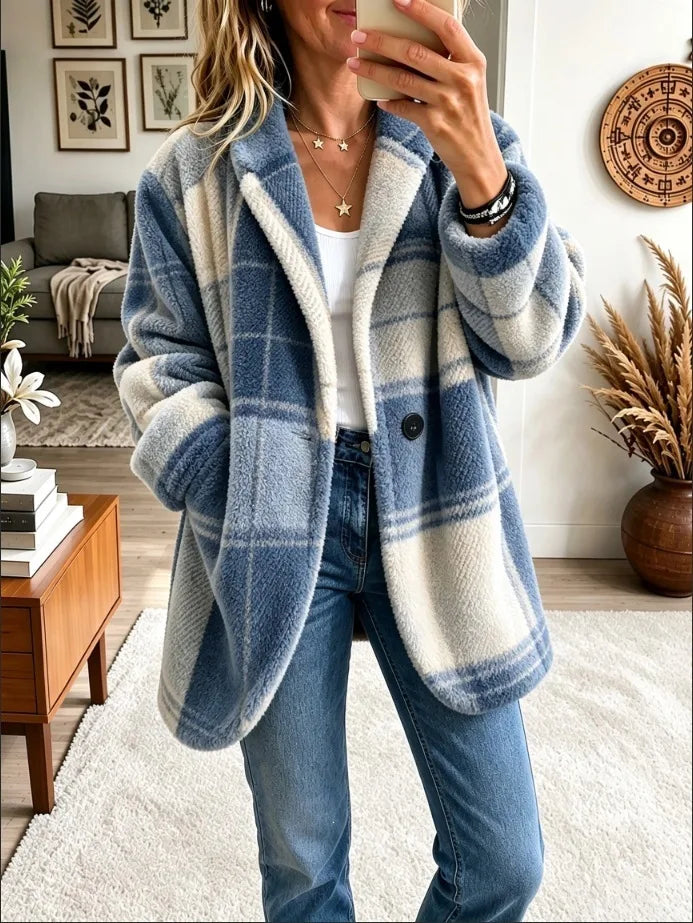 Livia | Women's Plaid Knitted Cardigan Jacket - Color:Blue;Size:XS