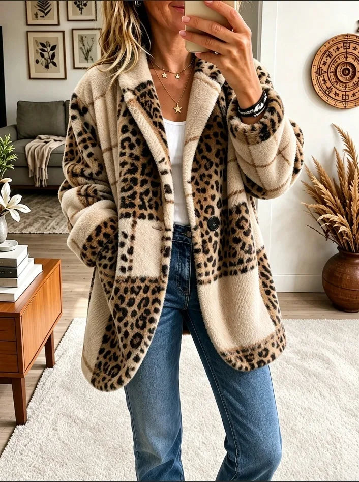 Livia | Women's Plaid Knitted Cardigan Jacket - Color:Leopard Print;Size:XS