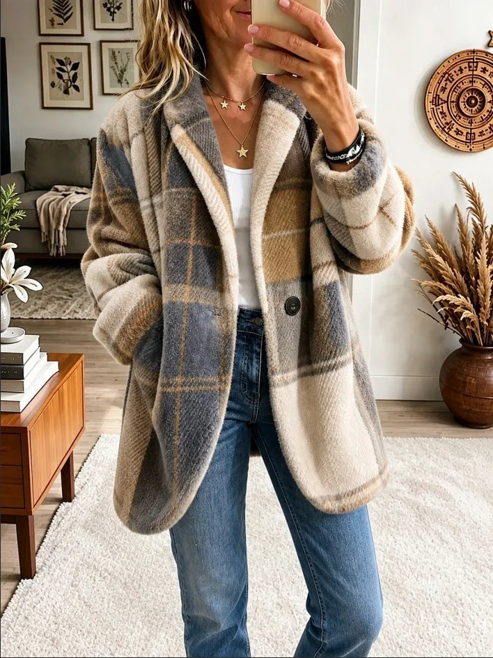 Livia | Women's Plaid Knitted Cardigan Jacket - Color:Milky White;Size:XS