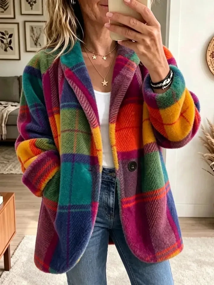 Livia | Women's Plaid Knitted Cardigan Jacket - Color:Red;Size:XS