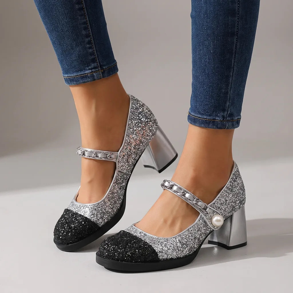 Lorraine | Women's Orthopaedic Block-Heel Mary Jane Shoes dubbel check gewicht - Color:Silver;Size:35