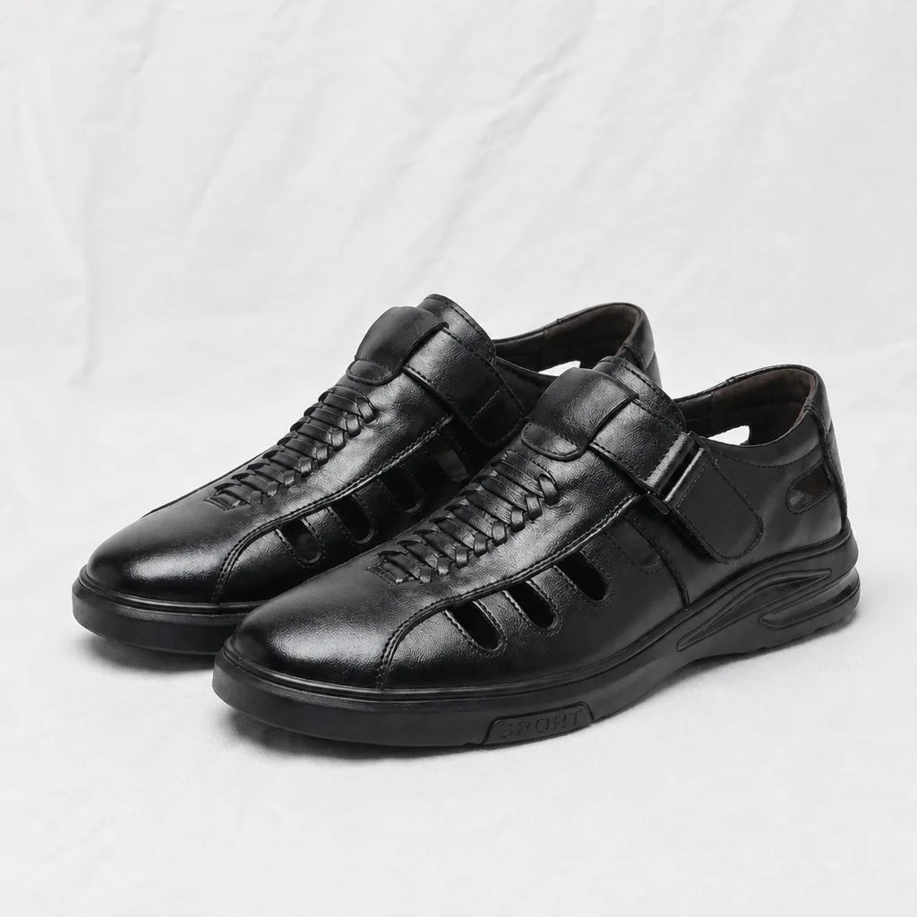 Men's Black Lucas Leather Cut-Out Sandals