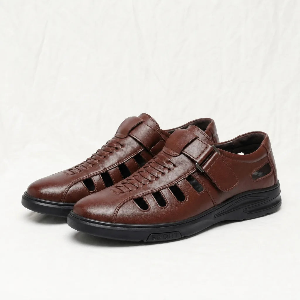 Men's Brown Lucas Leather Cut-Out Sandals