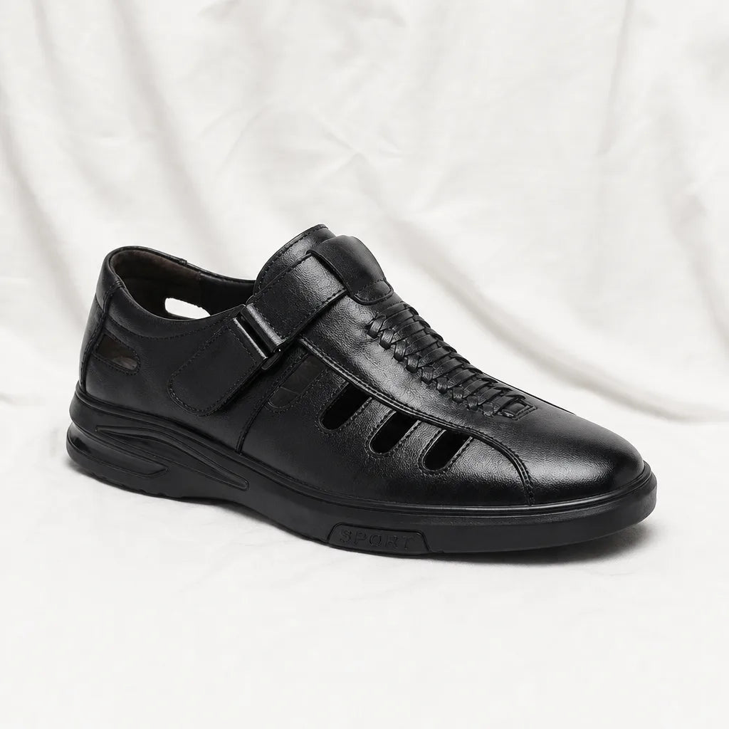 Men's Black Lucas Leather Cut-Out Sandals
