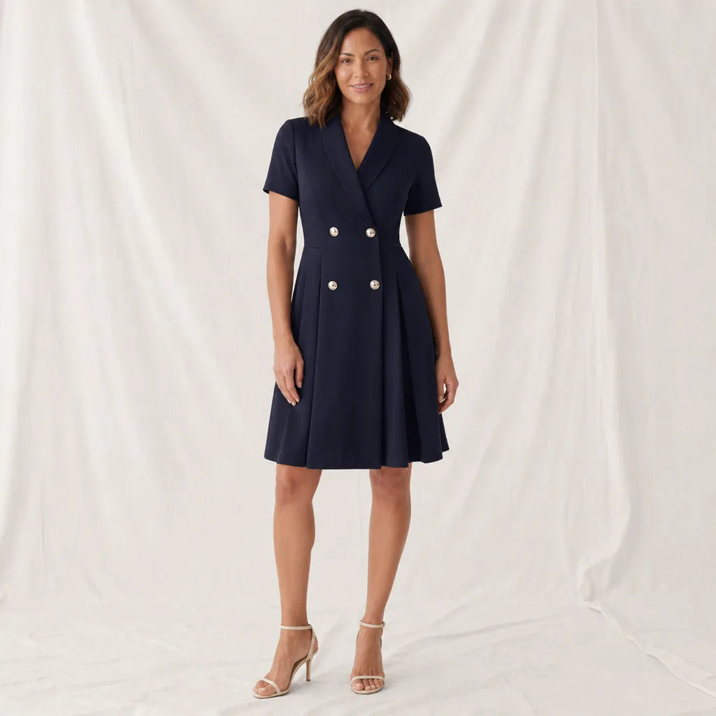 Lucille Short-Sleeve Dress - Color:Navy;Size:XS