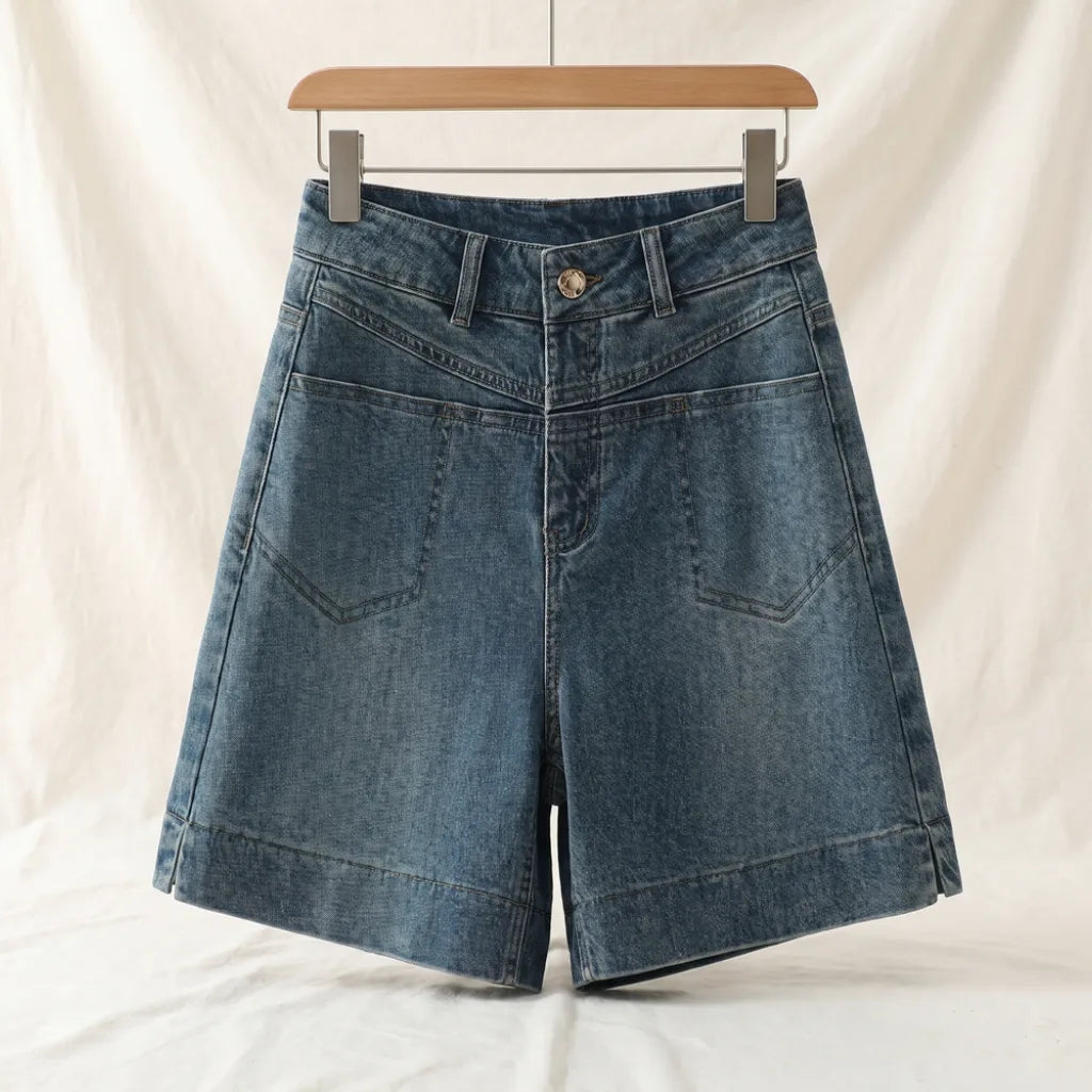Lucy High-Waist Denim Shorts - Color:Blue;Size:S