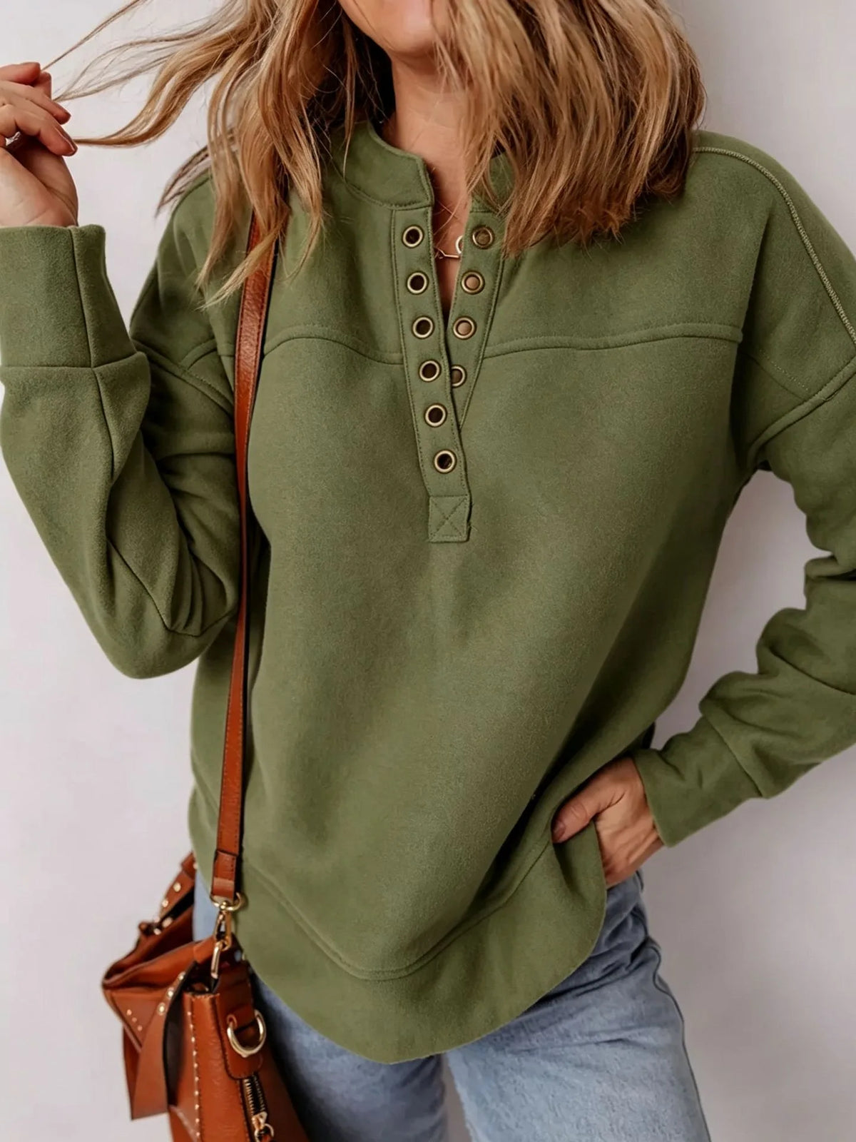 Lydia | Women's Henley Drop-Shoulder Sweatshirt - Color:Army Green;Size:XS