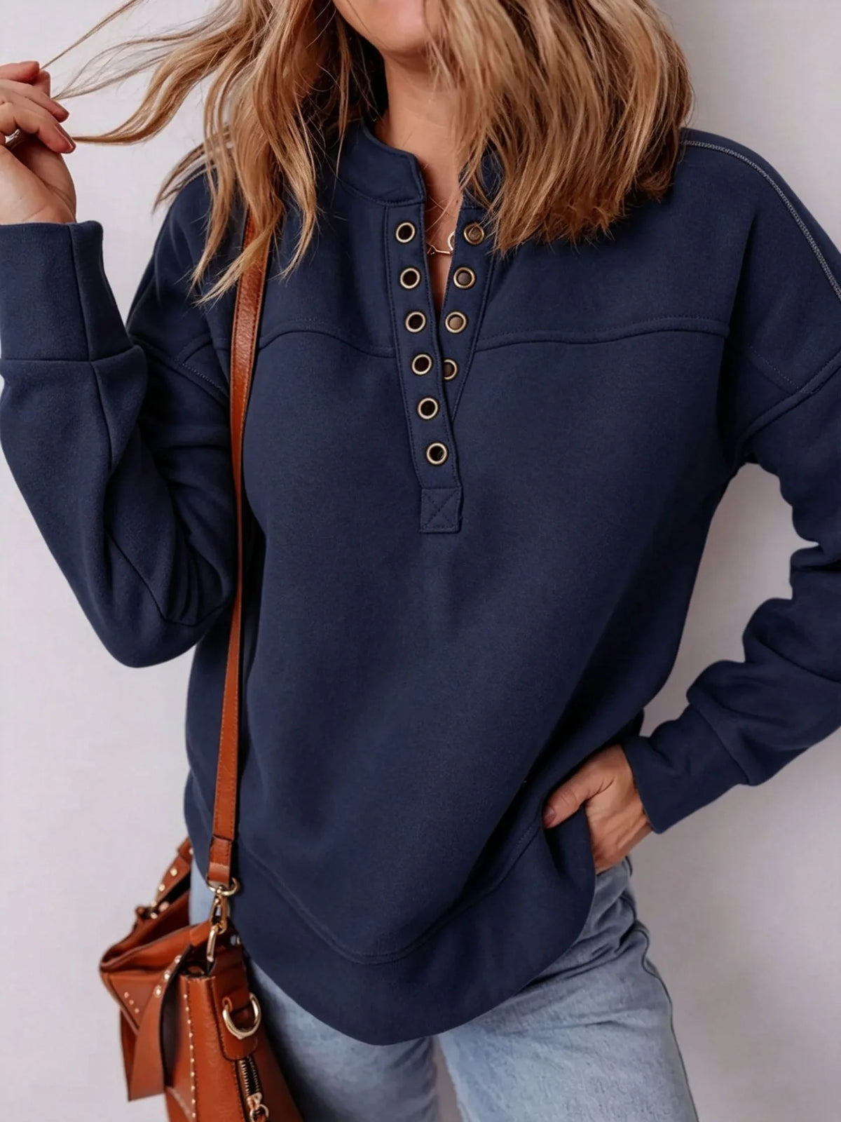 Lydia | Women's Henley Drop-Shoulder Sweatshirt - Color:Navy Blue;Size:XS