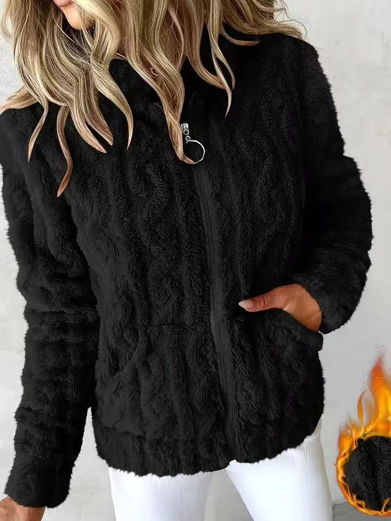 Macey | Women's Winter Hooded Teddy Jacket - Color:Black;Size:XS