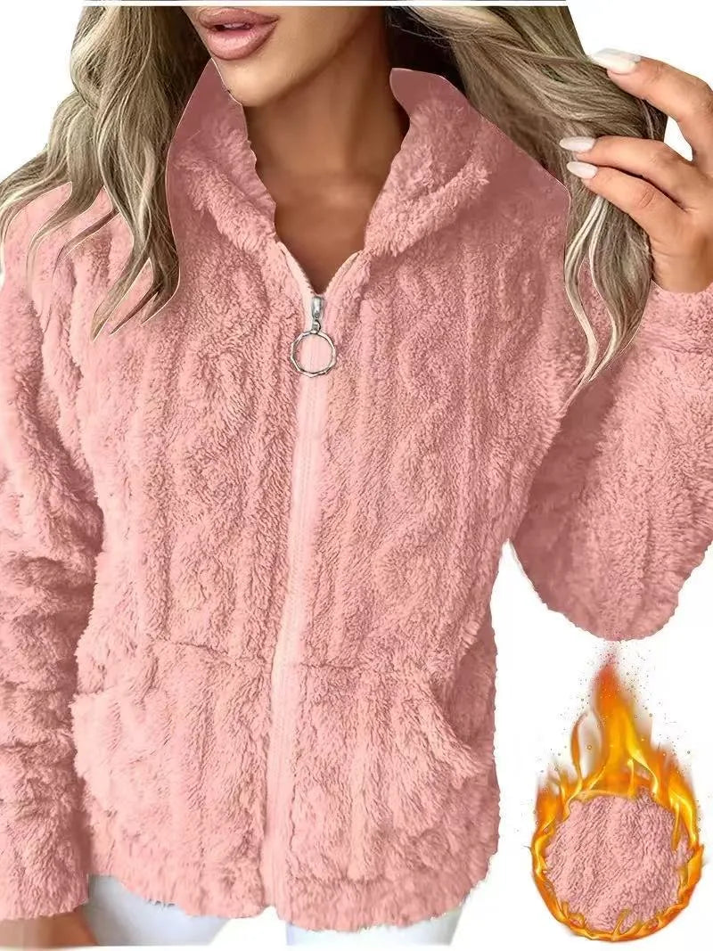 Macey | Women's Winter Hooded Teddy Jacket - Color:Peach;Size:XS