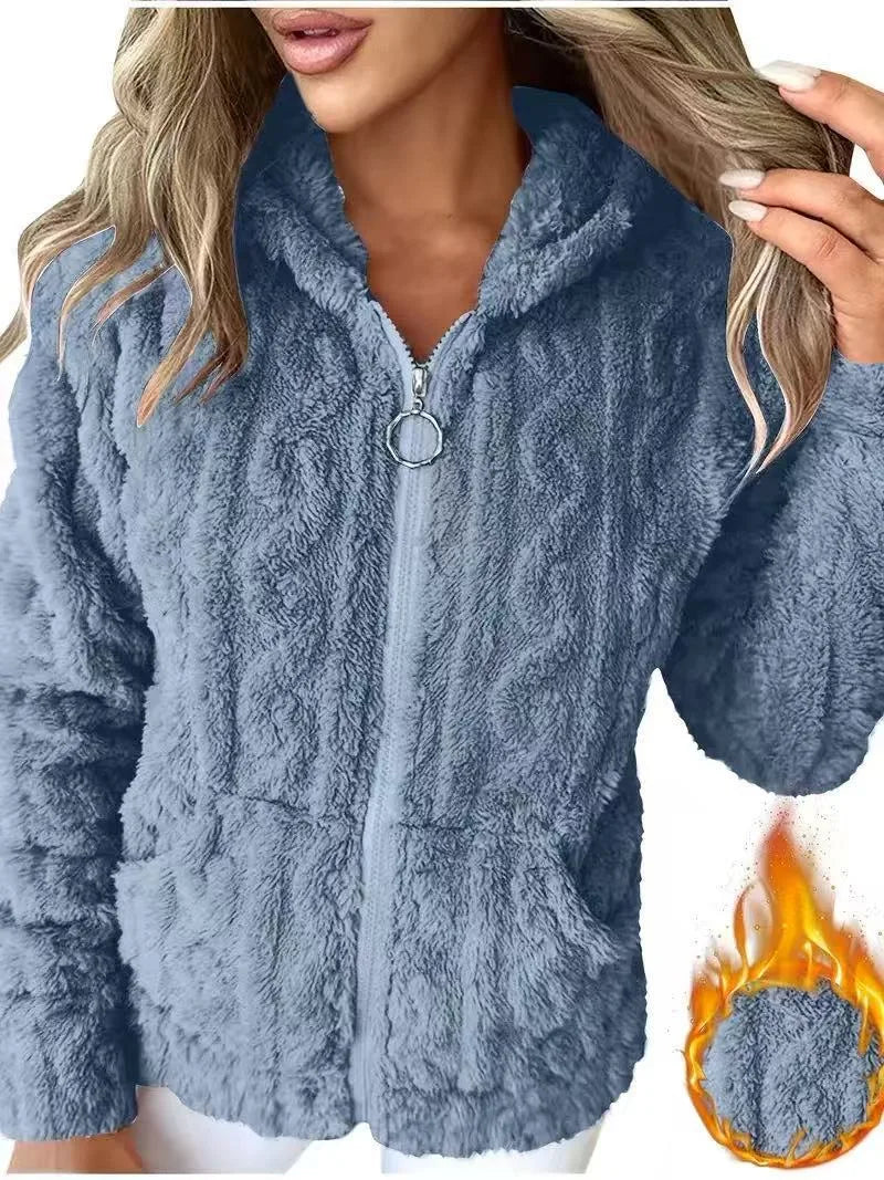 Macey | Women's Winter Hooded Teddy Jacket - Color:Sea Blue;Size:XS