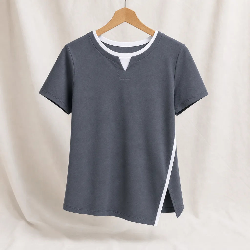 Maggie Cotton Layered T-Shirt - Color:Gray;Size:XS