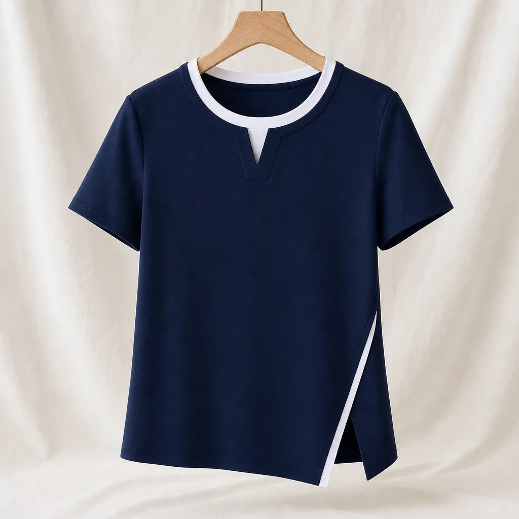 Maggie Cotton Layered T-Shirt - Color:Navy;Size:XS