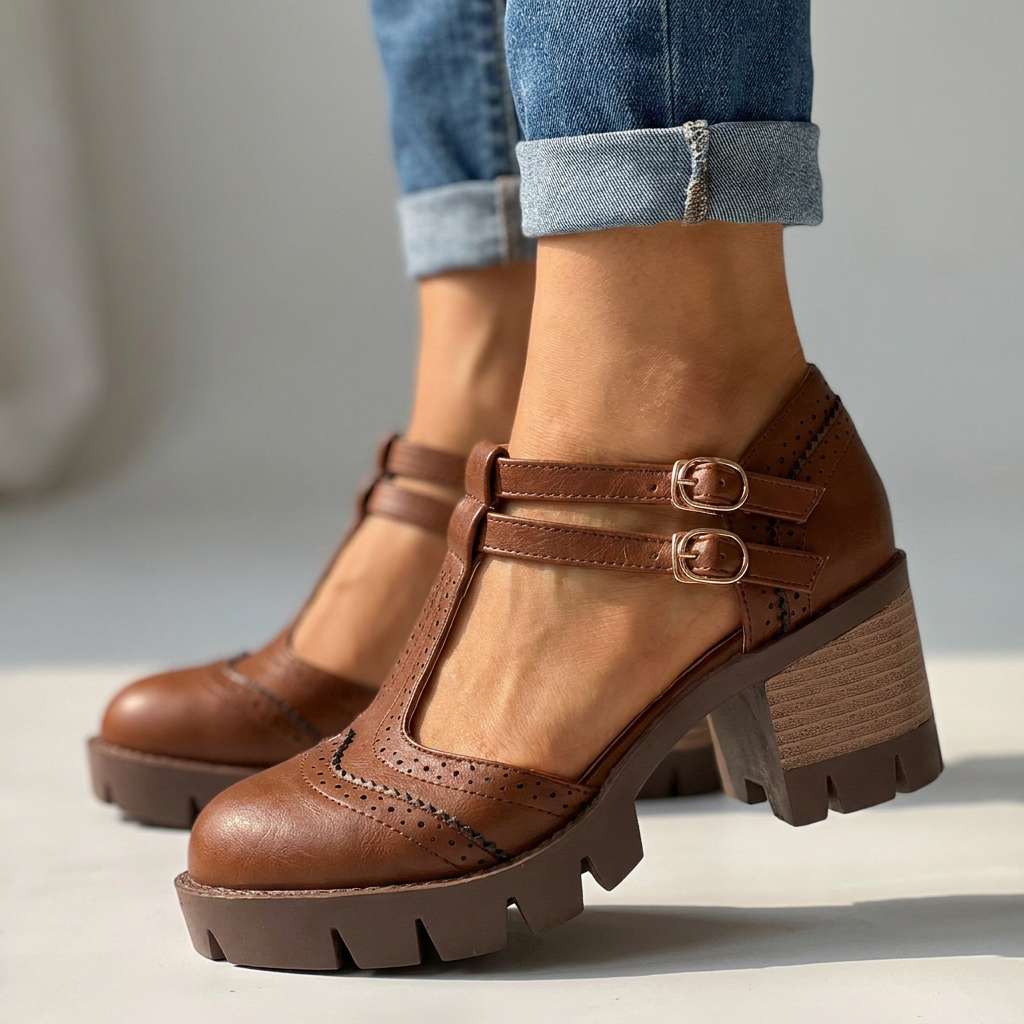 Sandra | Womens Brogue Chunky Heel Loafers