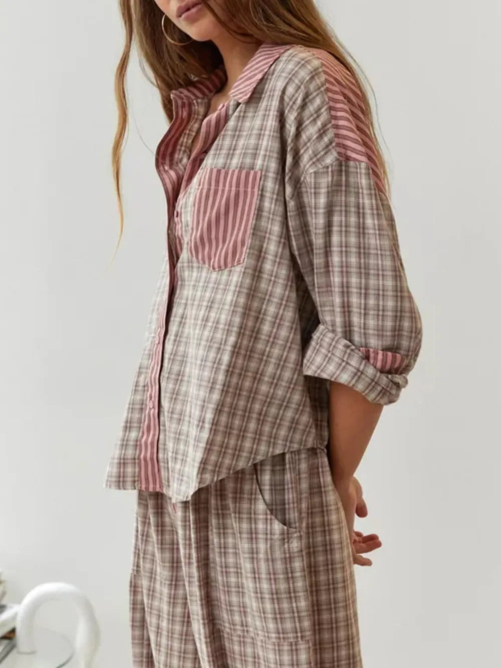 Mahoney | Women's Autumn Cotton Pajamas Set - Color:Pink;Size:XS