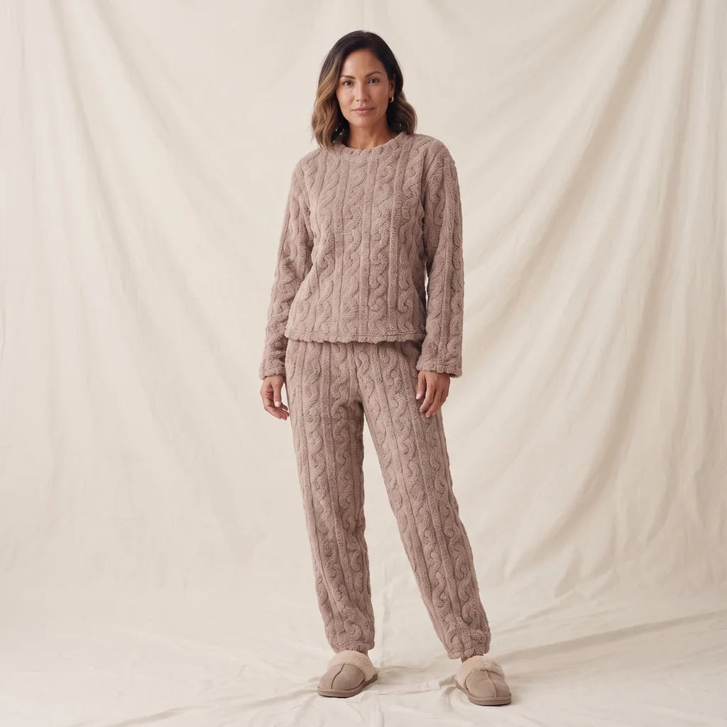 Maren Women's Fleece Pajama Set - Color:Beige;Size:XS