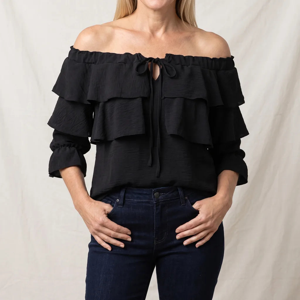 Marisol | Womens Off Shoulder Ruffle Shirt - Color:Black;Size:XS