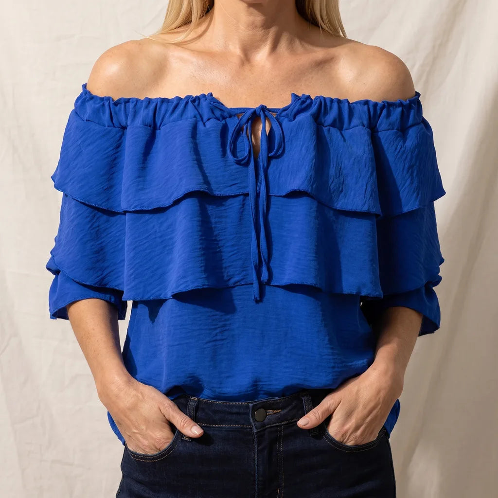 Marisol | Womens Off Shoulder Ruffle Shirt - Color:Blue;Size:XS