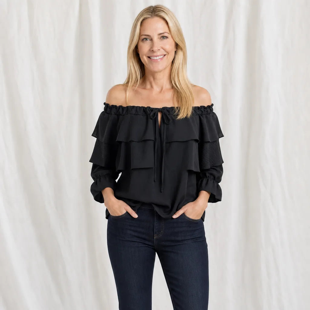 Women's Black Conway Tie Ruffle Blouse
