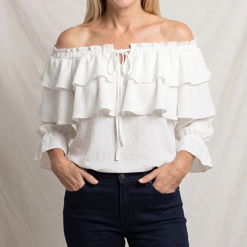 Marisol | Womens Off Shoulder Ruffle Shirt - Color:White;Size:XS