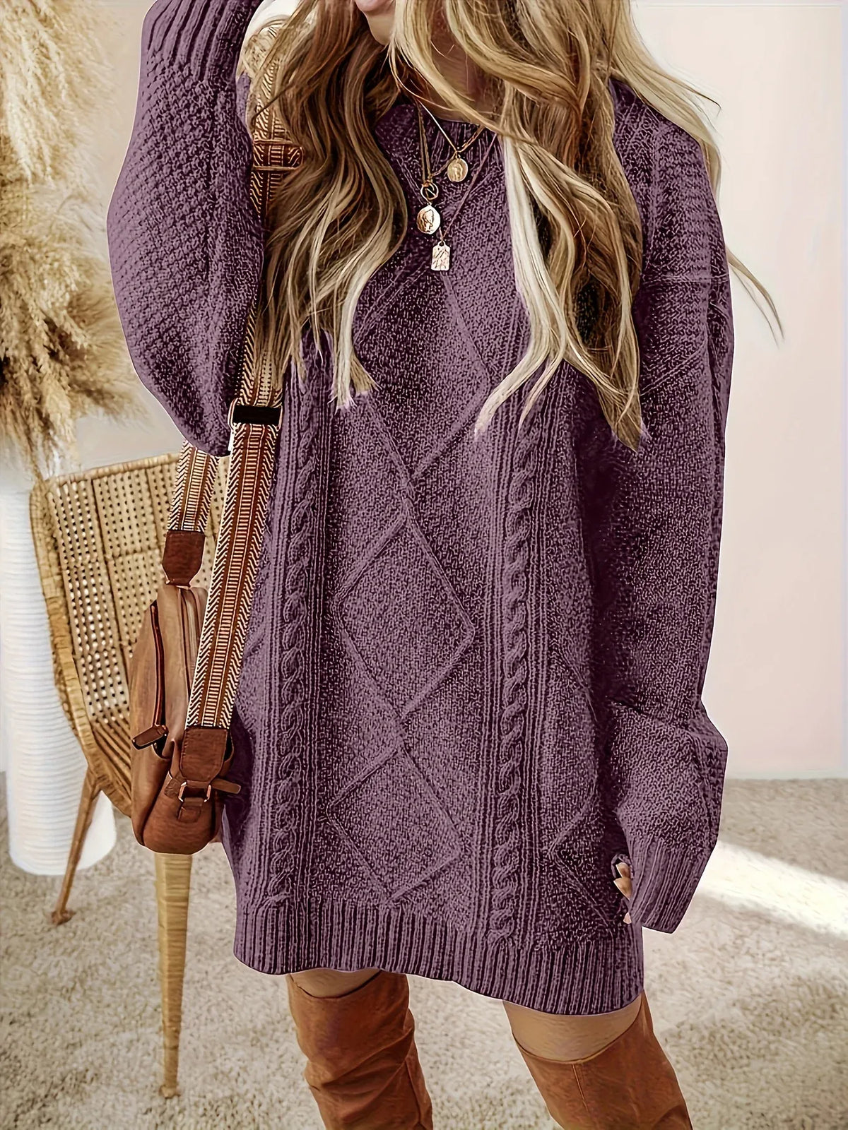 Marybel | Cosy Cable-Knit Sweater Dress - Size:XS;Color:Purple