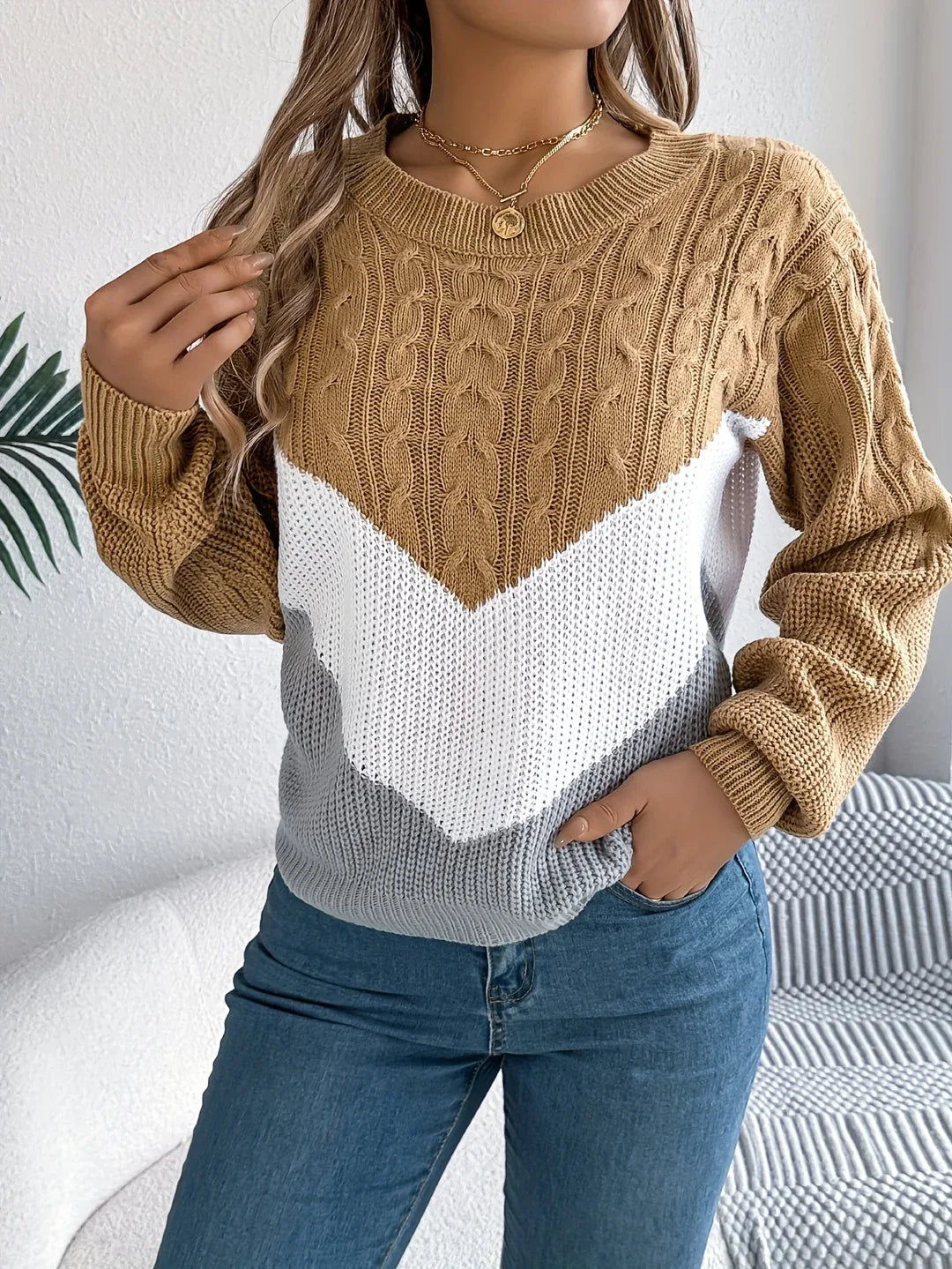 Women's Color-Block Round Neck Sweater brown4.webp