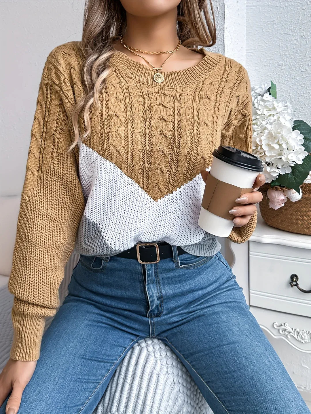 Women's Color-Block Round Neck Sweater brown5.webp