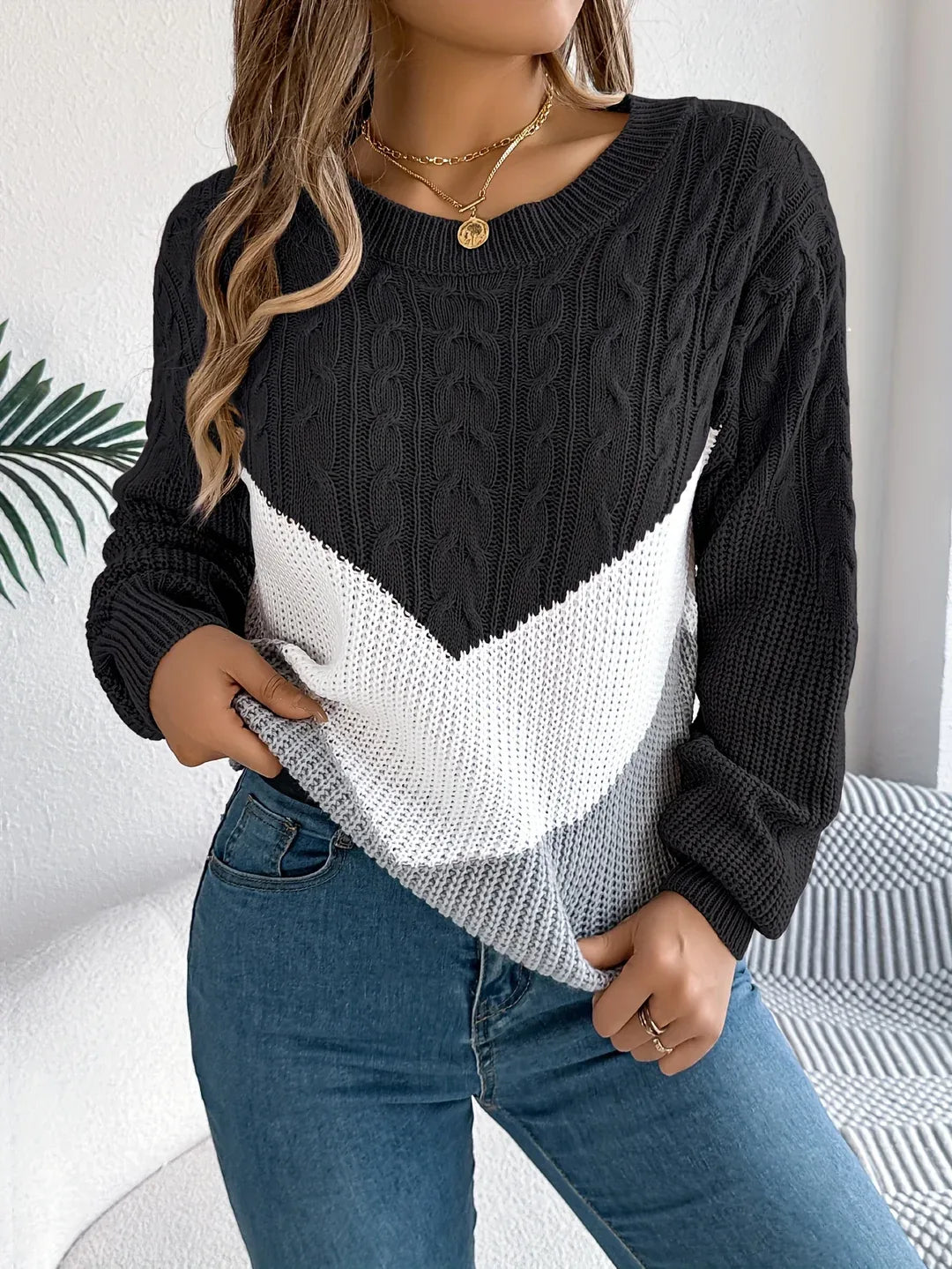 Women's Color-Block Round Neck Sweater black1.webp