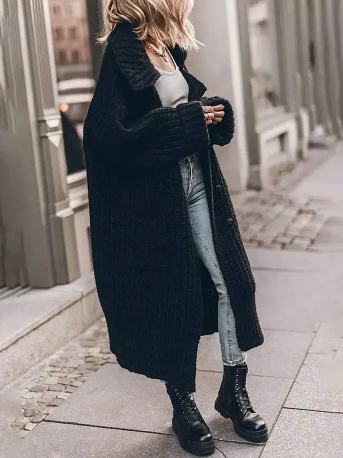 Meghan | Women's Oversized Knitted Longline Cardigan  - Color:Black;Size:S
