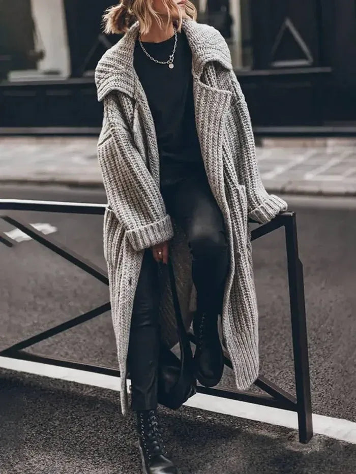 Meghan | Women's Oversized Knitted Longline Cardigan  - Color:Grey;Size:S