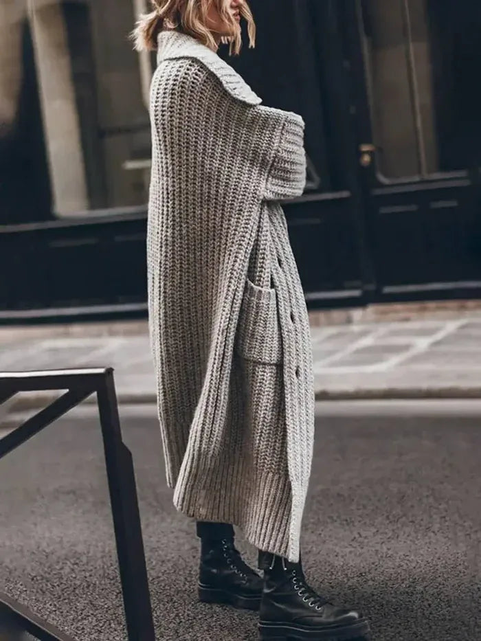 Women's Oversized Chunky Knit Lapel Longline Cardigan Gray2.webp
