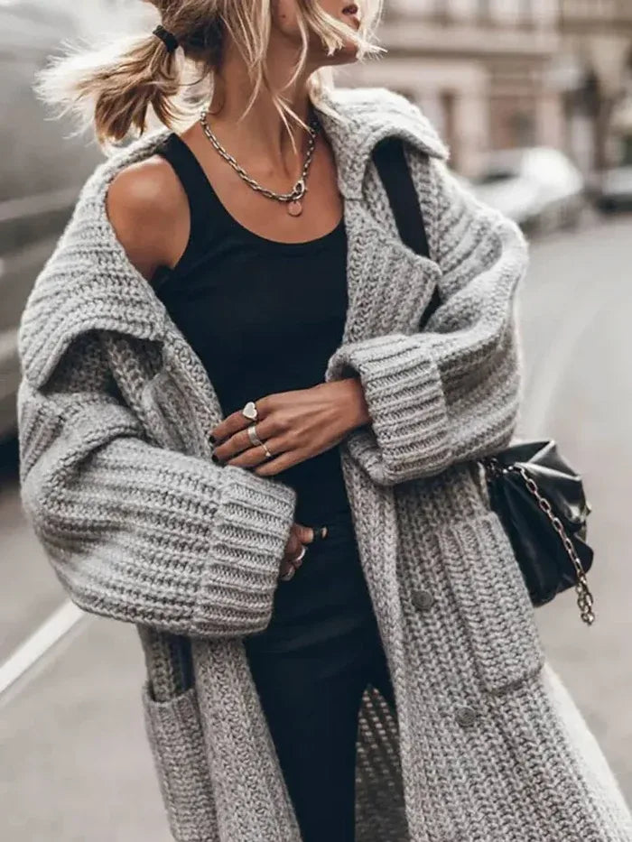 Women's Oversized Chunky Knit Lapel Longline Cardigan Gray4.webp