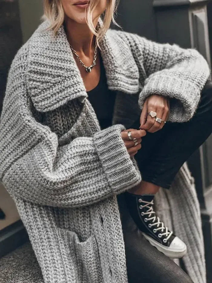 Women's Oversized Chunky Knit Lapel Longline Cardigan Gray3.webp