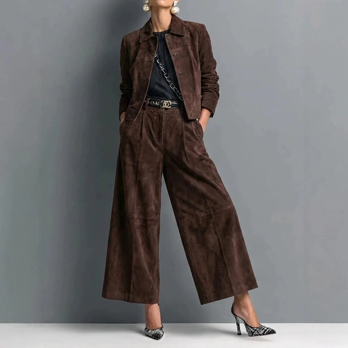 Mia | Women's Suede Jacket & Wide-Leg Trousers Set - Dark Brown