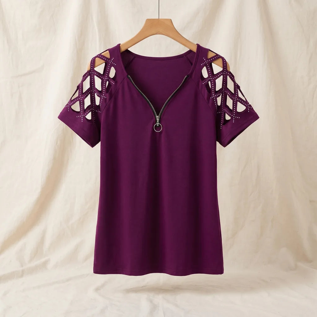 Michelle Cut-Out T-Shirt - Color:Purple;Size:XS