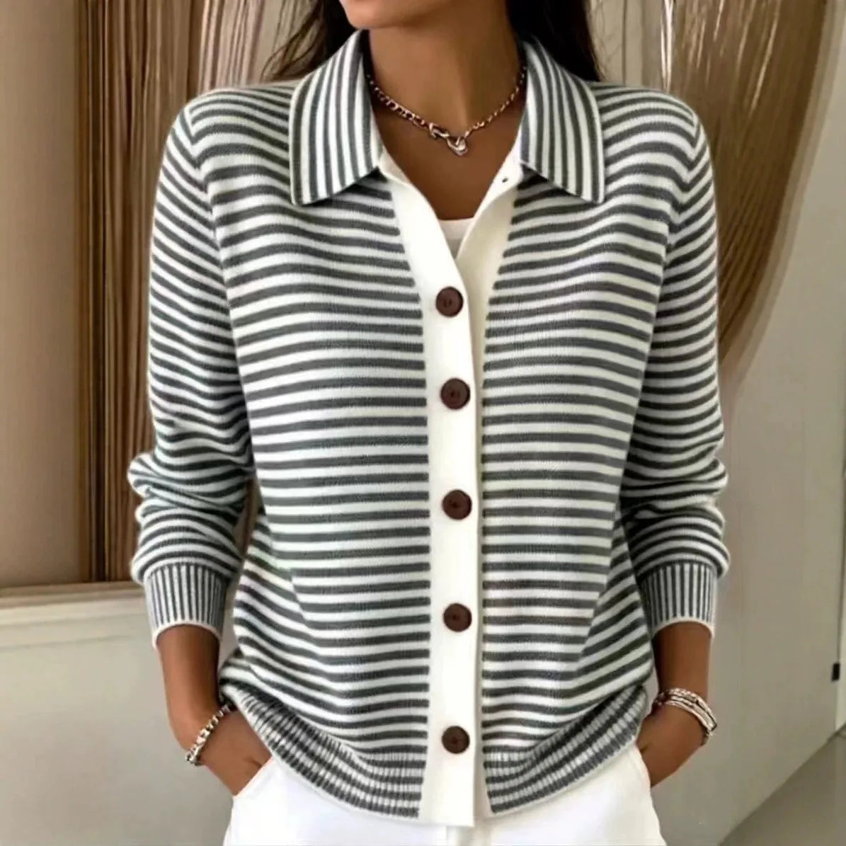 Mina | Women's Striped Button Cardigan  - Color:Black;Size:XS