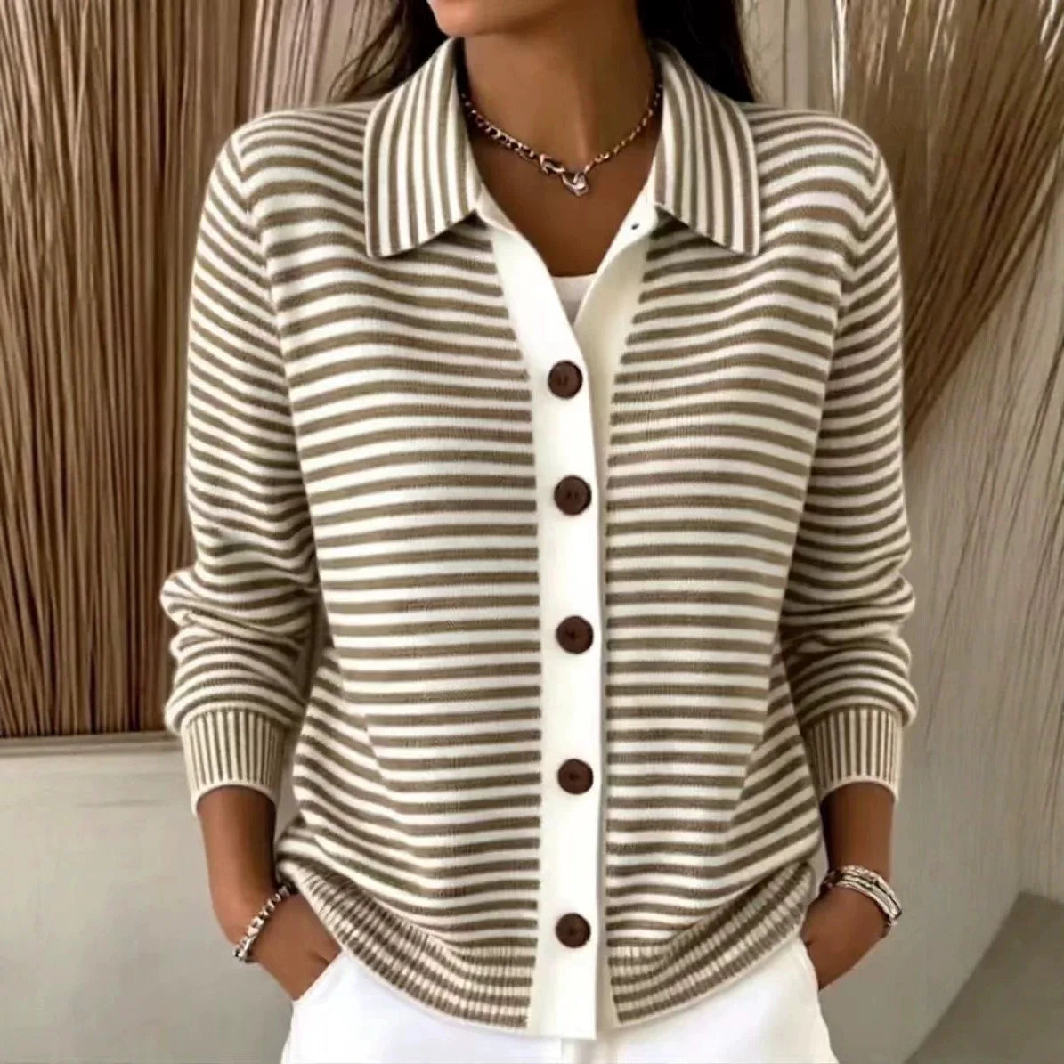 Mina | Women's Striped Button Cardigan  - Color:Brown;Size:XS