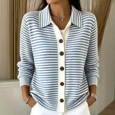 Mina | Women's Striped Button Cardigan  - Color:Light Blue;Size:XS