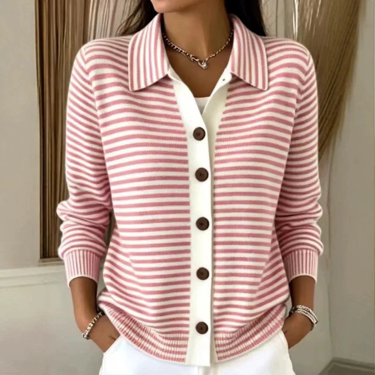 Mina | Women's Striped Button Cardigan  - Color:Pink;Size:XS