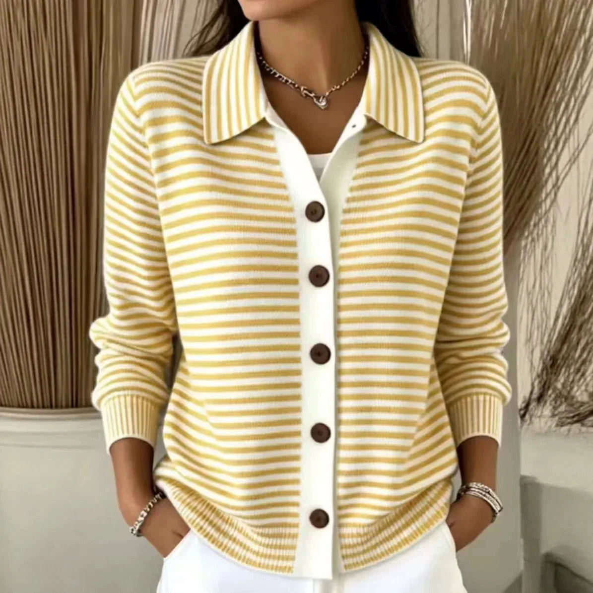 Mina | Women's Striped Button Cardigan  - Color:Yellow;Size:XS