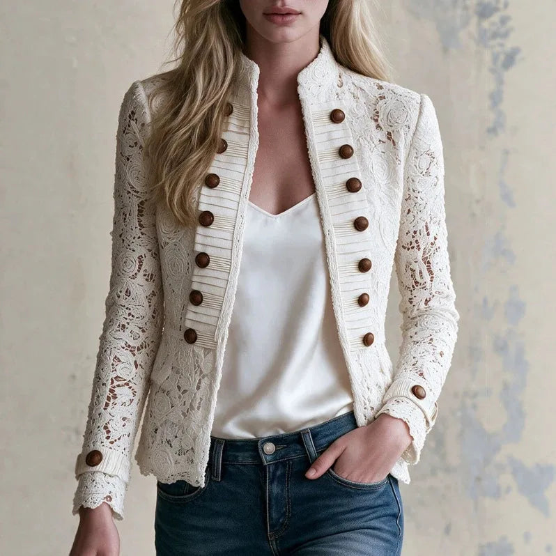 Molly | Women's White Lace Double-Breasted Jacket - White