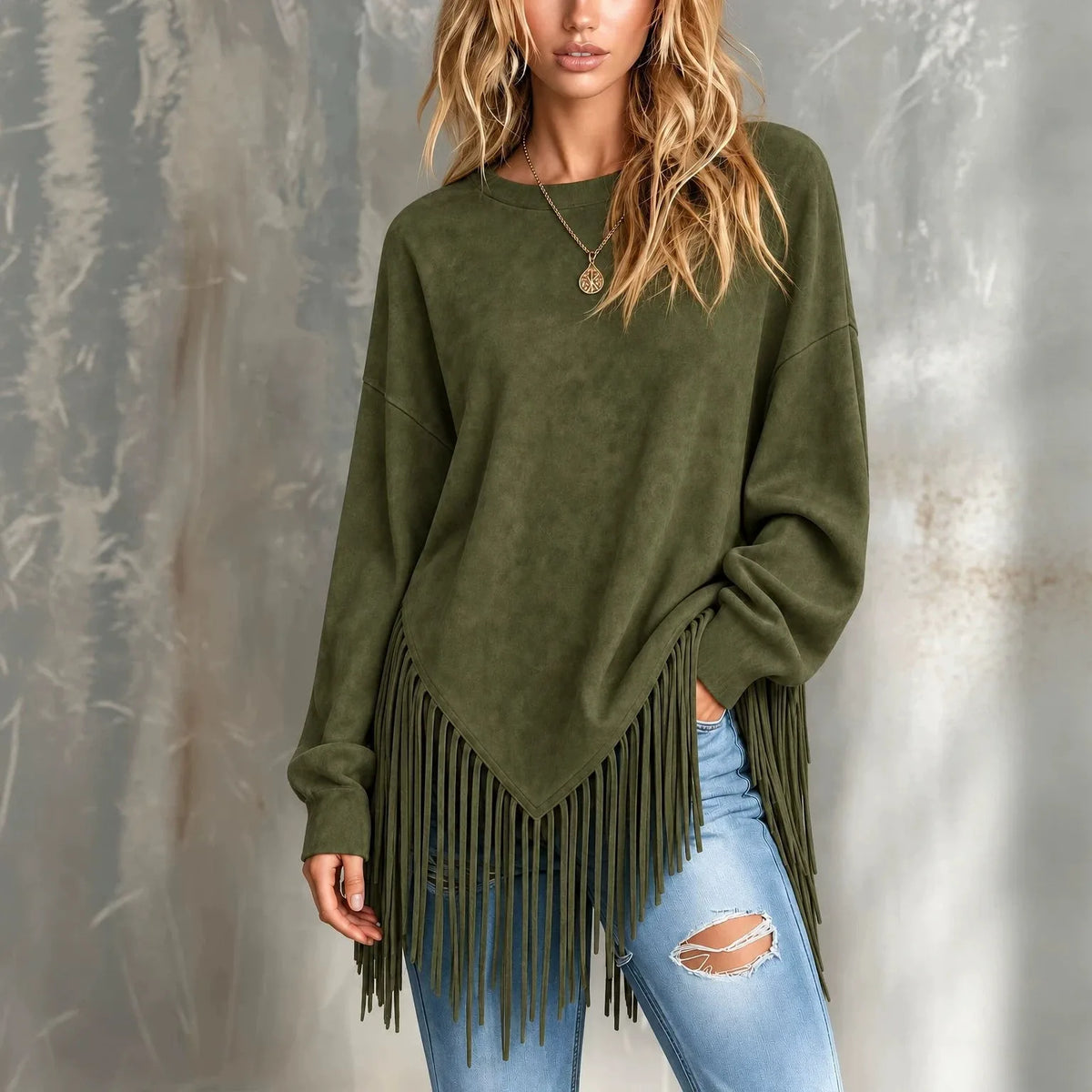 Naomi | Women's Suede-Look Tassel-Hem Jumper - Color:Army Green;Size:XS