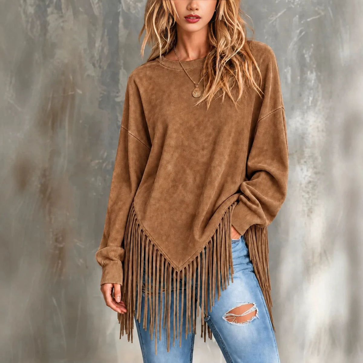 Naomi | Women's Suede-Look Tassel-Hem Jumper - Color:Brown;Size:XS